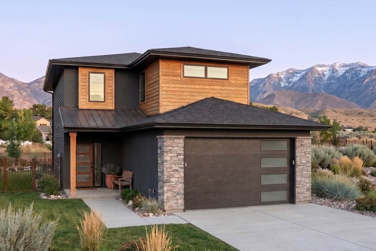 House plan exterior. Two-story modern style with horizontal wood siding, stone veneer accents, and a shed-style roof. Features an attached garage.