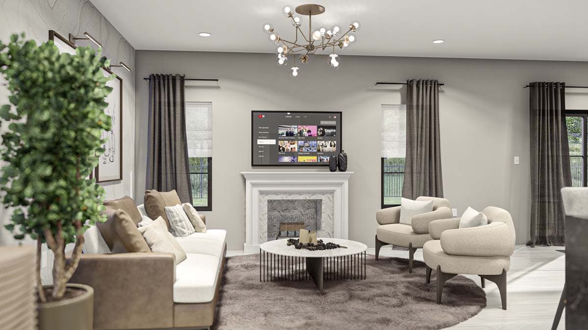 Interior rendering of a living room with a fireplace, television, sofa, and two armchairs.
