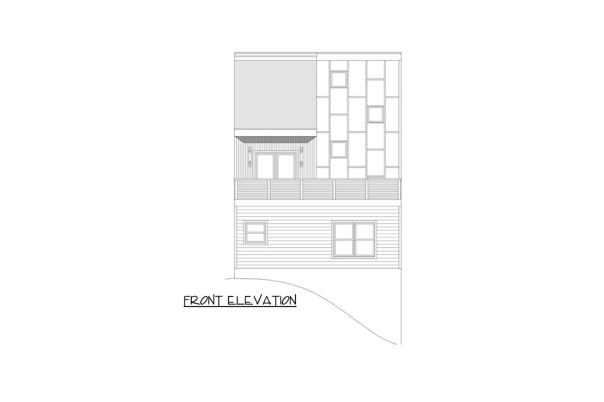 Front elevation drawing of a two-story house with horizontal siding, a balcony, and a modern facade with varied window sizes.