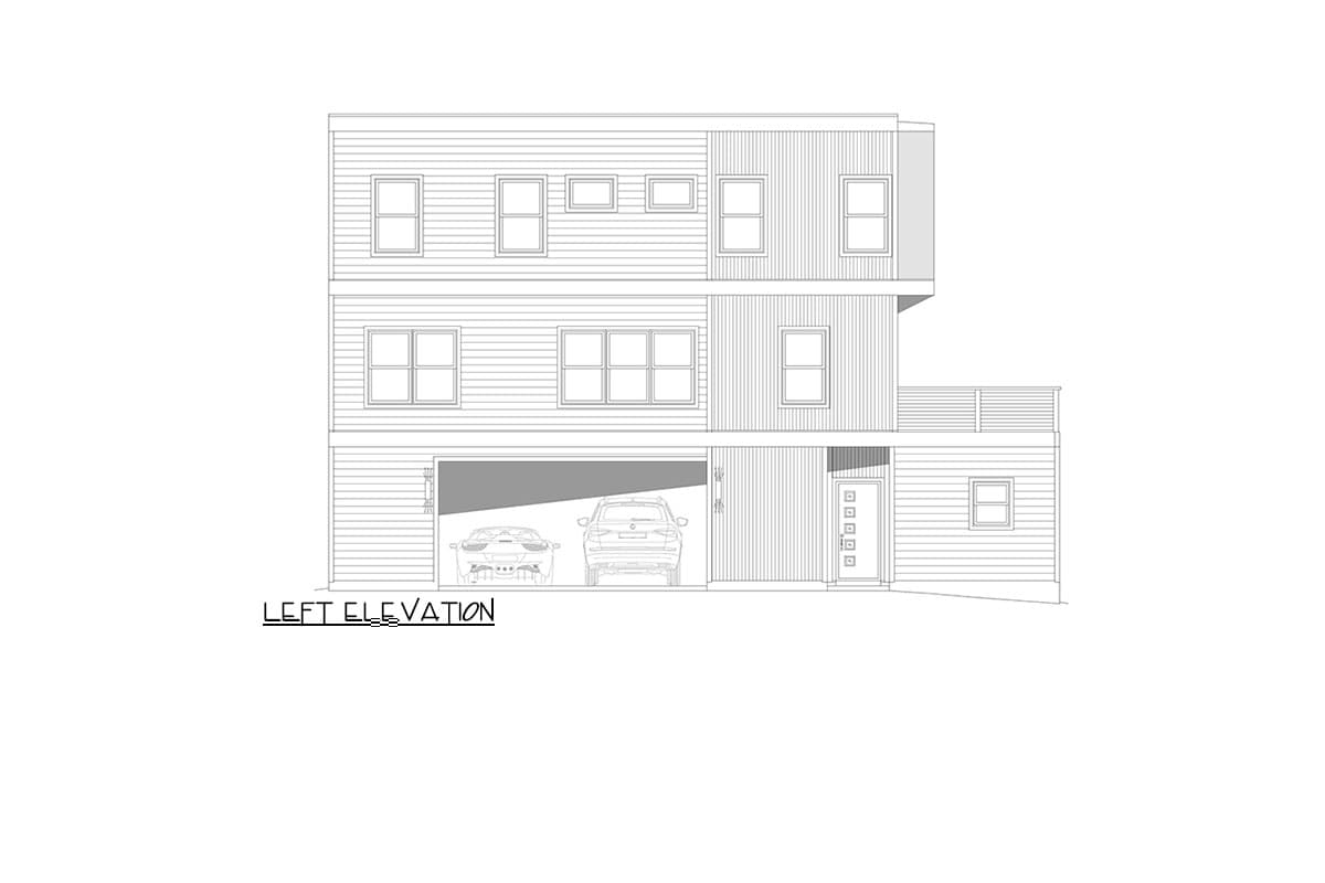 Left elevation house plan: three stories, inset garage, balcony, and varied siding.