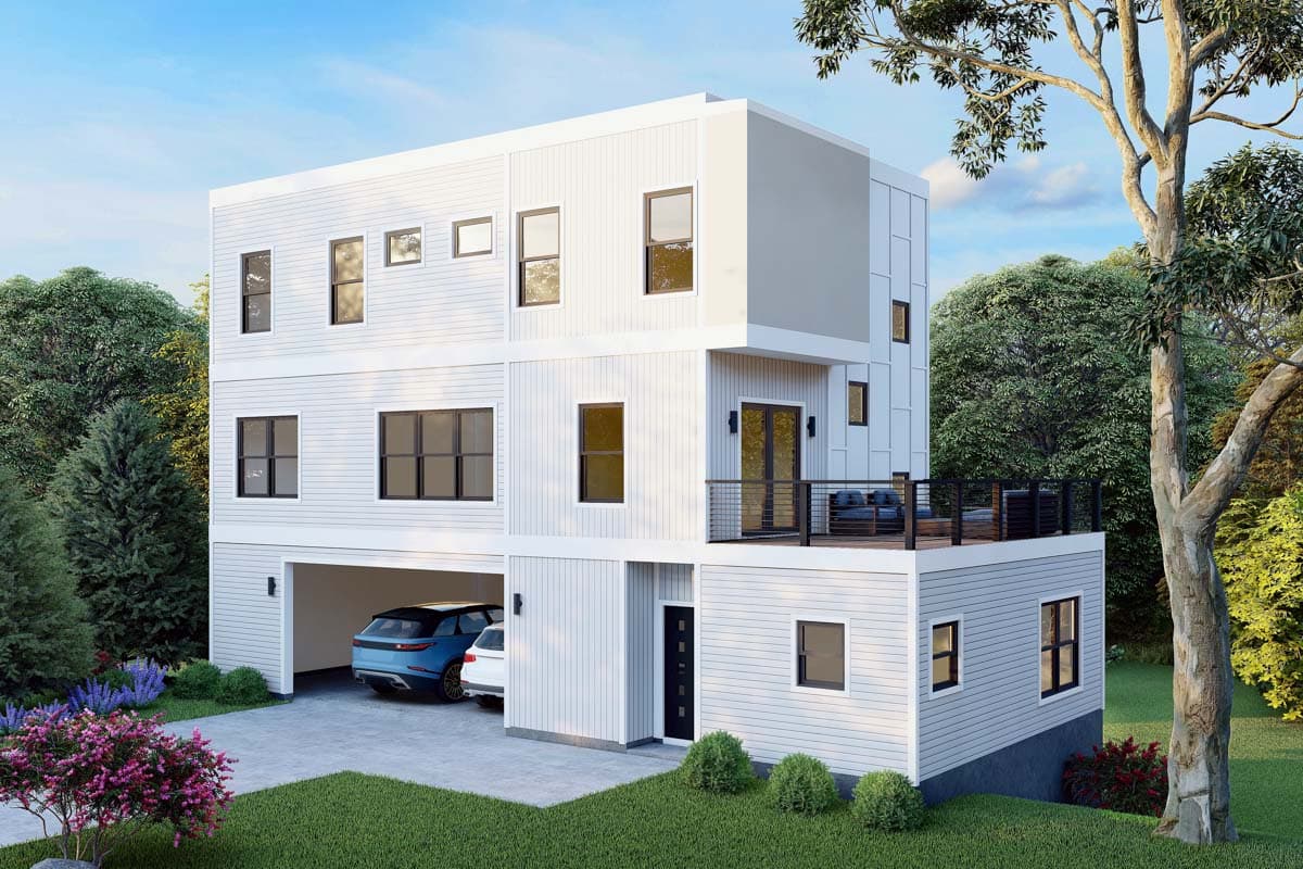 House plan exterior featuring a modern, three-story design. Key features include a rooftop deck, an attached garage, and a shed-style roof.