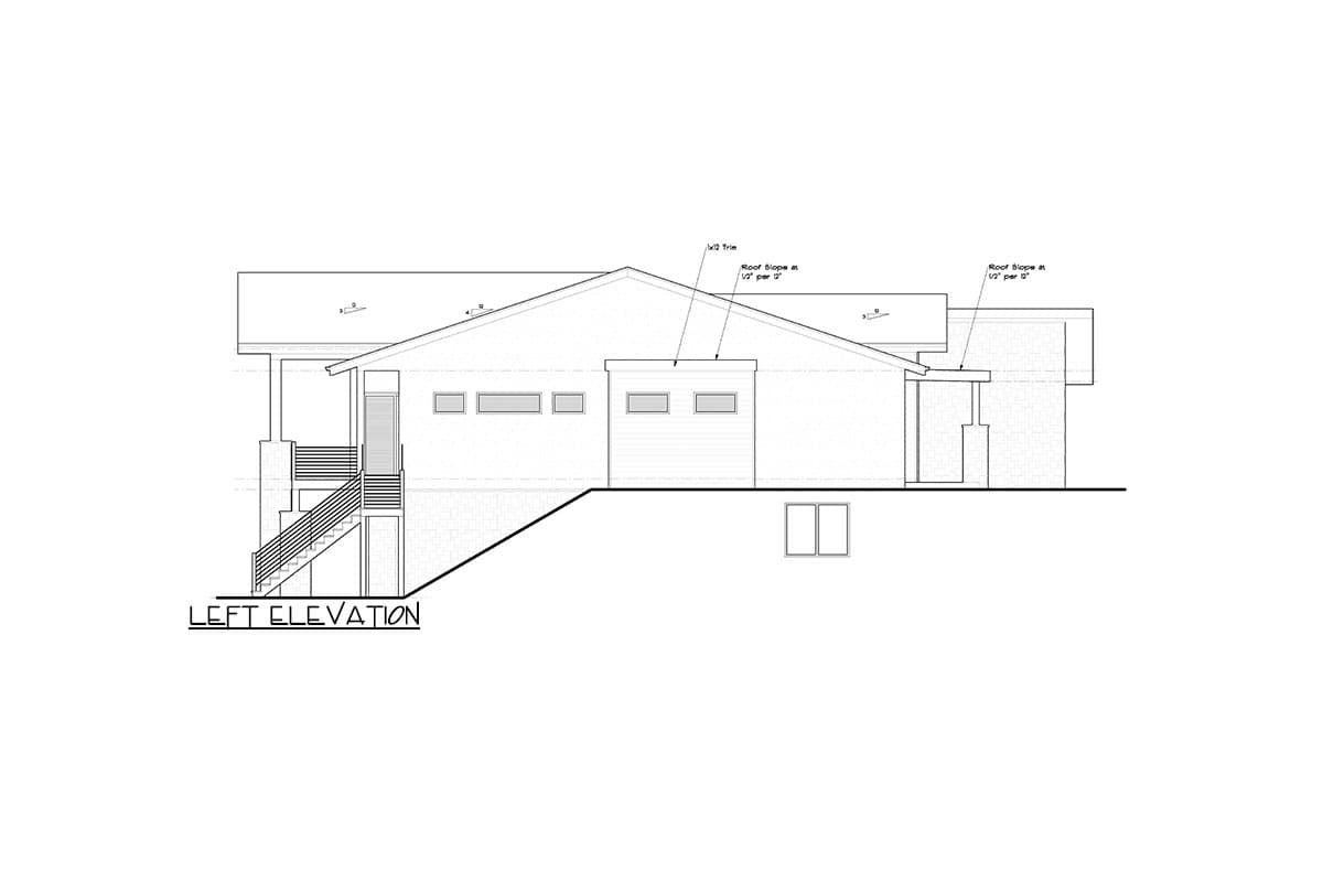Left elevation drawing of a house plan with a sloped roof, exterior stairs, and several windows.