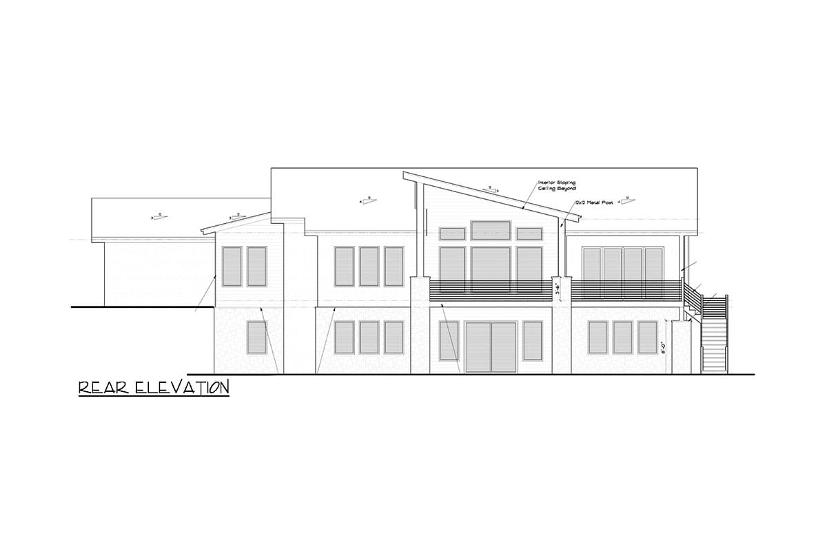 Rear elevation drawing of a house plan with multiple windows, a deck, and a sloped roofline.