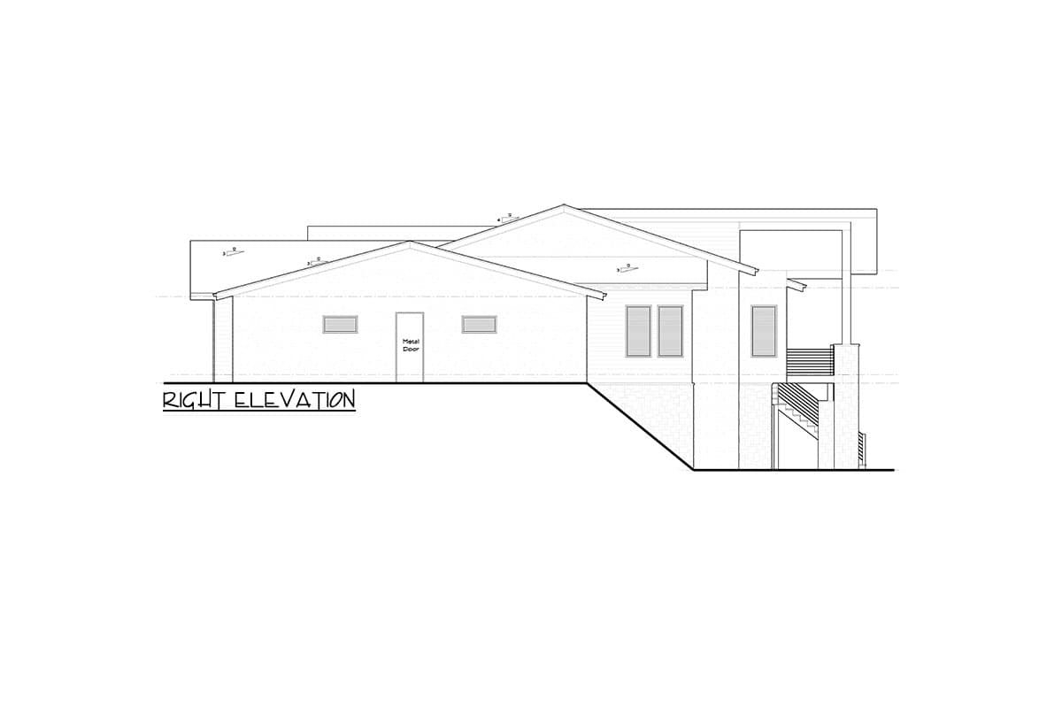 Right elevation house plan showing a metal door, multiple windows, and an exterior staircase.