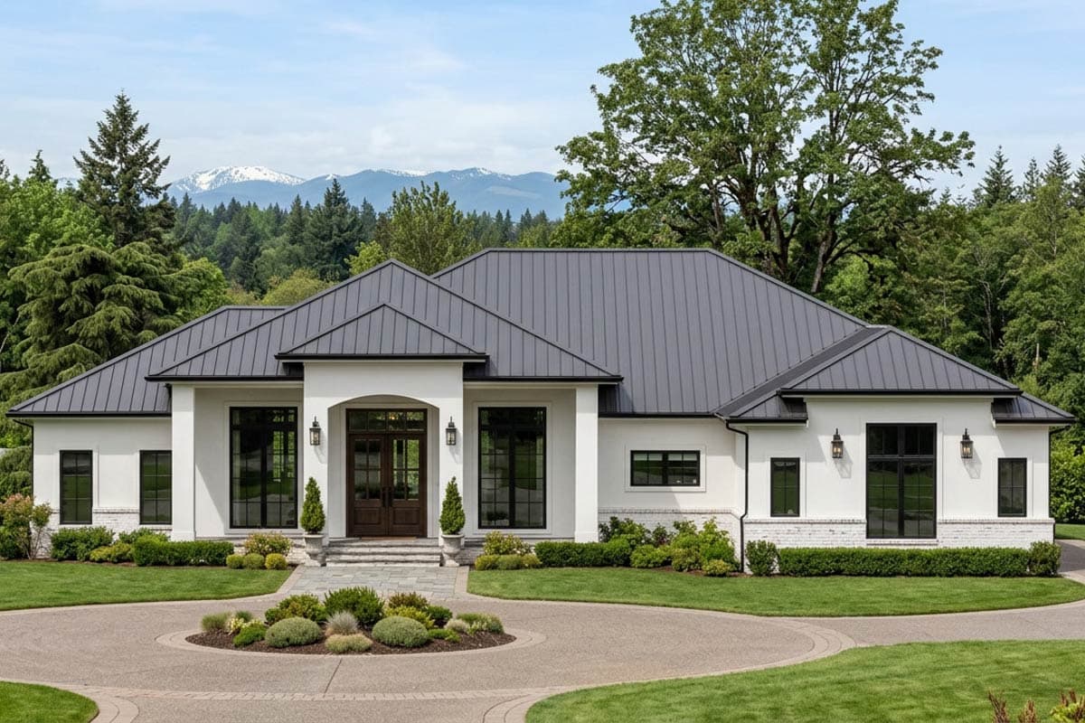 House plan exterior. Modern style, single-story home with a gabled roof and a recessed entry with double doors. Features large windows.