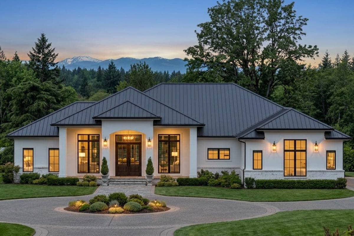 House plan exterior of one-story residence with standing seam metal roof, covered patio with archway, and large sliding glass doors.