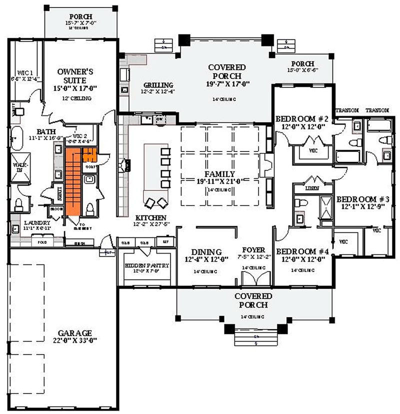 Plan 46510LA: 4 Bed Transitional House Plan with 3-Car Side Garage - 3046 Sq Ft - Floor Plan - Basement Stairs Location - European, Transitional