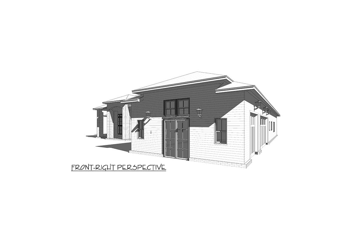 House plan exterior: single-story, Modern Farmhouse style, with hip roof, wide eaves, and double garage doors.
