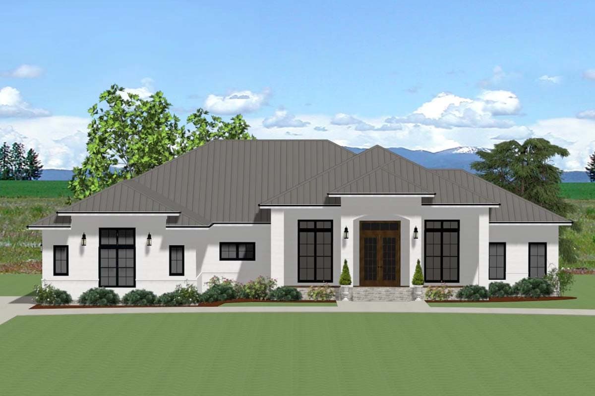 House plan exterior. Modern style, single-story home with a gabled roof and a recessed entry with double doors. Features large windows.