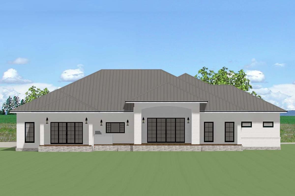 House plan exterior of one-story residence with standing seam metal roof, covered patio with archway, and large sliding glass doors.
