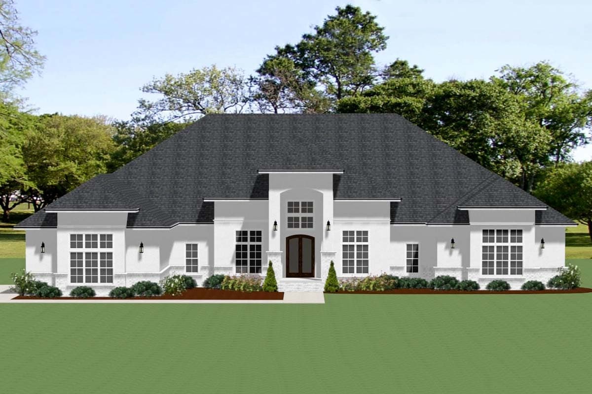 House plan exterior. One-story home with a hip roof. Features include a centered entryway with double doors, and multiple multi-pane windows.