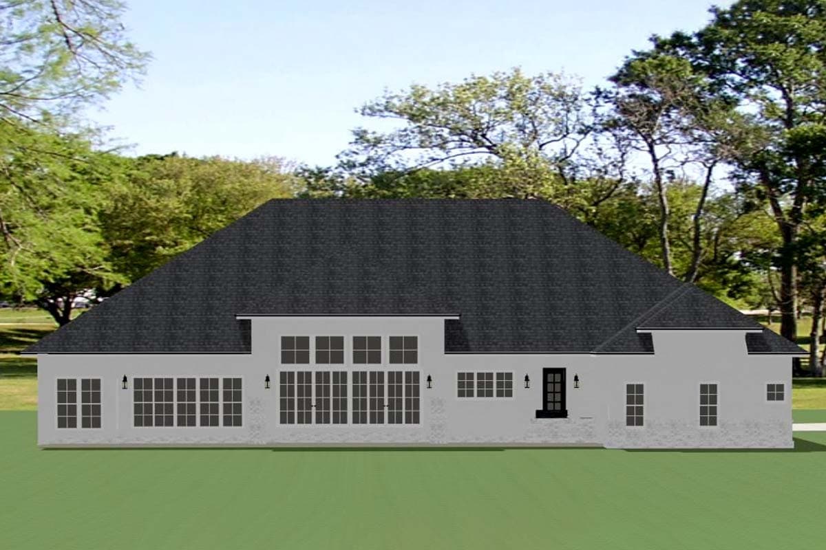 House plan exterior, one story, gray stucco, large grid windows, and prominent gable roof.