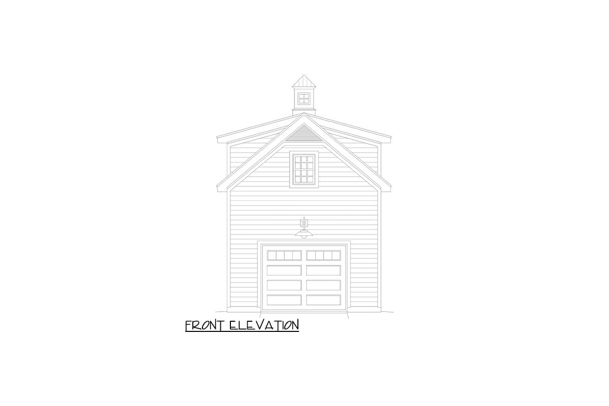 Front elevation drawing of a two-story garage with a cupola, gabled roof, and a single garage door.