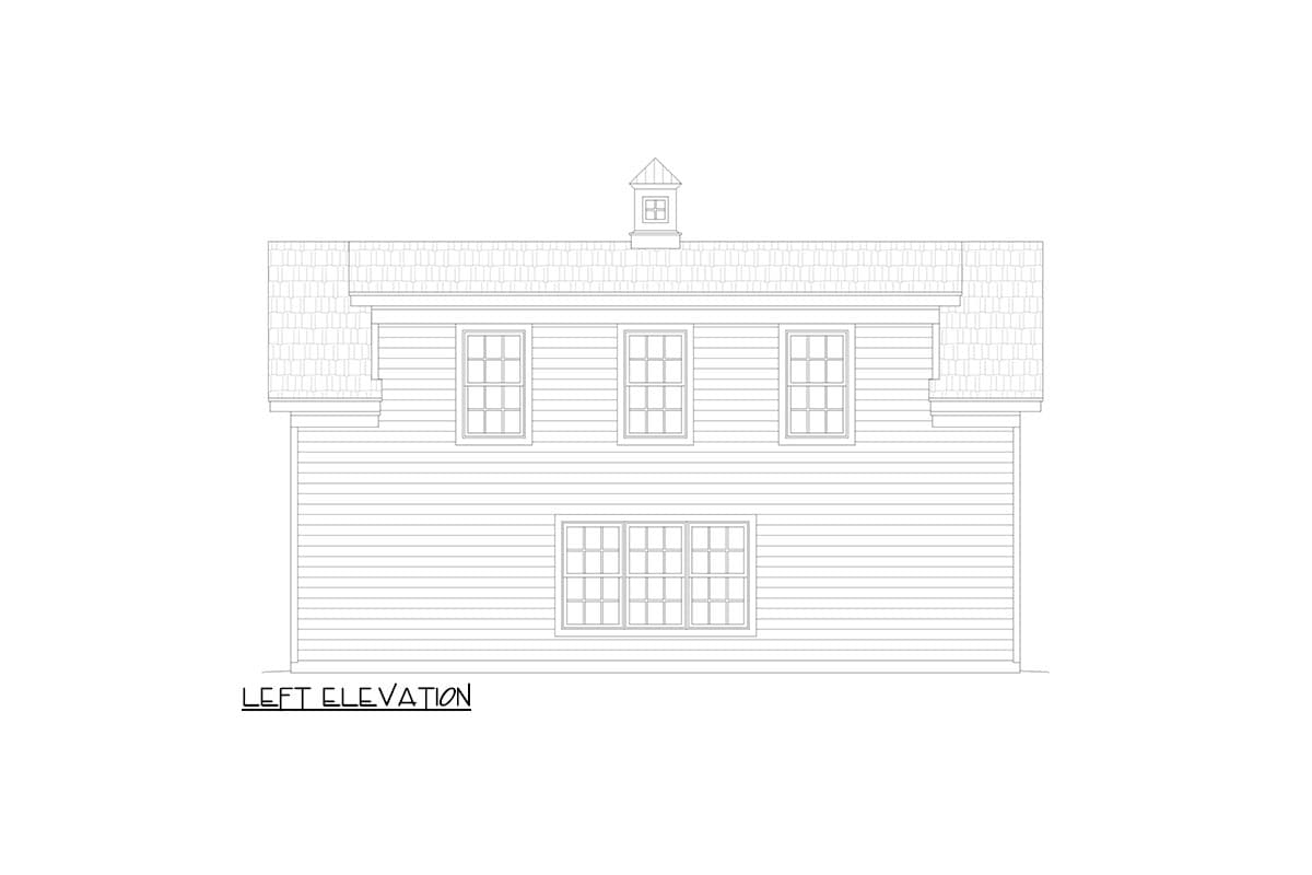 Left elevation drawing of a house plan, showing two stories with a dormer and multiple windows.
