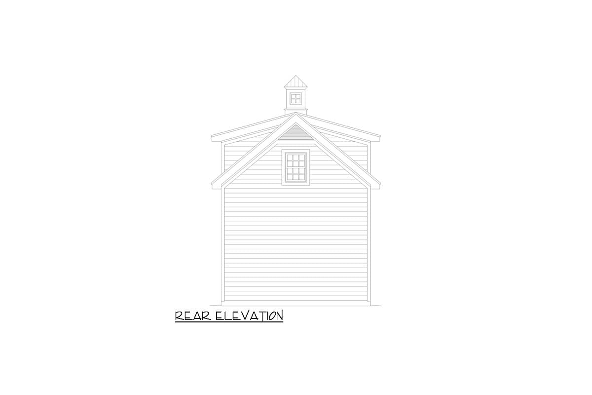Rear elevation drawing of a house plan featuring a gambrel roof with a cupola, gable vent, and dormer window.