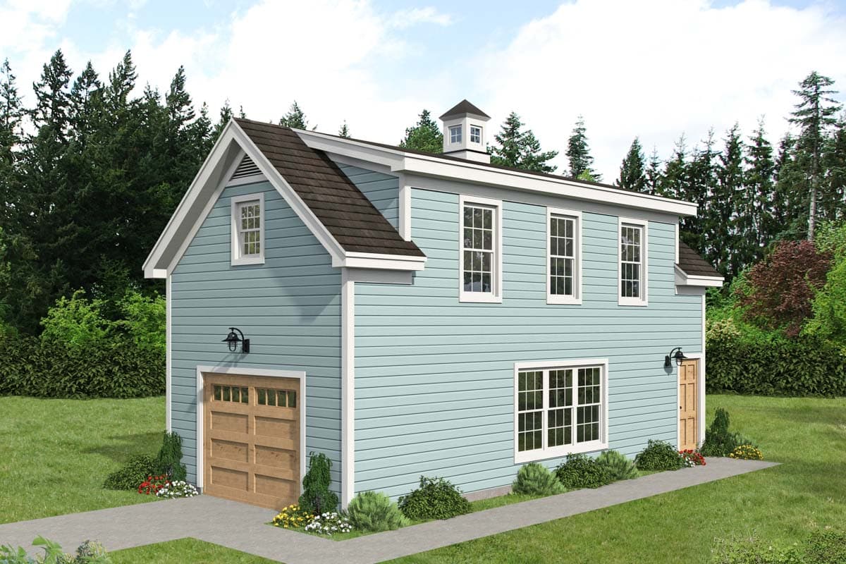 House plan exterior with two stories, gabled roof, dormer, and attached garage. Featuring clapboard siding and a cupola.