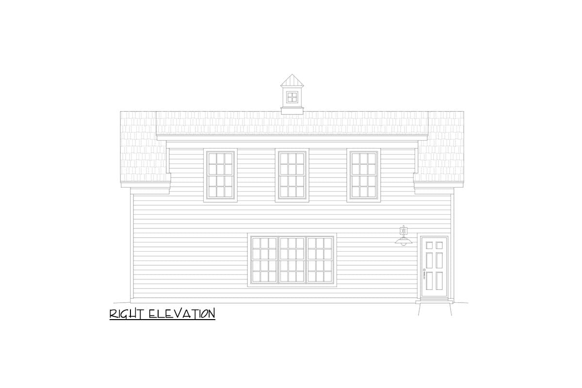 Right elevation drawing showing a two-story house with three upper windows, one large lower window, a door, and a dormer.