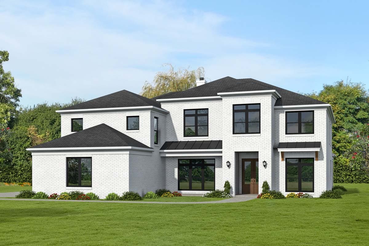 House plan exterior. Two-story Modern house with a brick exterior. Features include a low-slope roof, multiple gables, and covered porch.