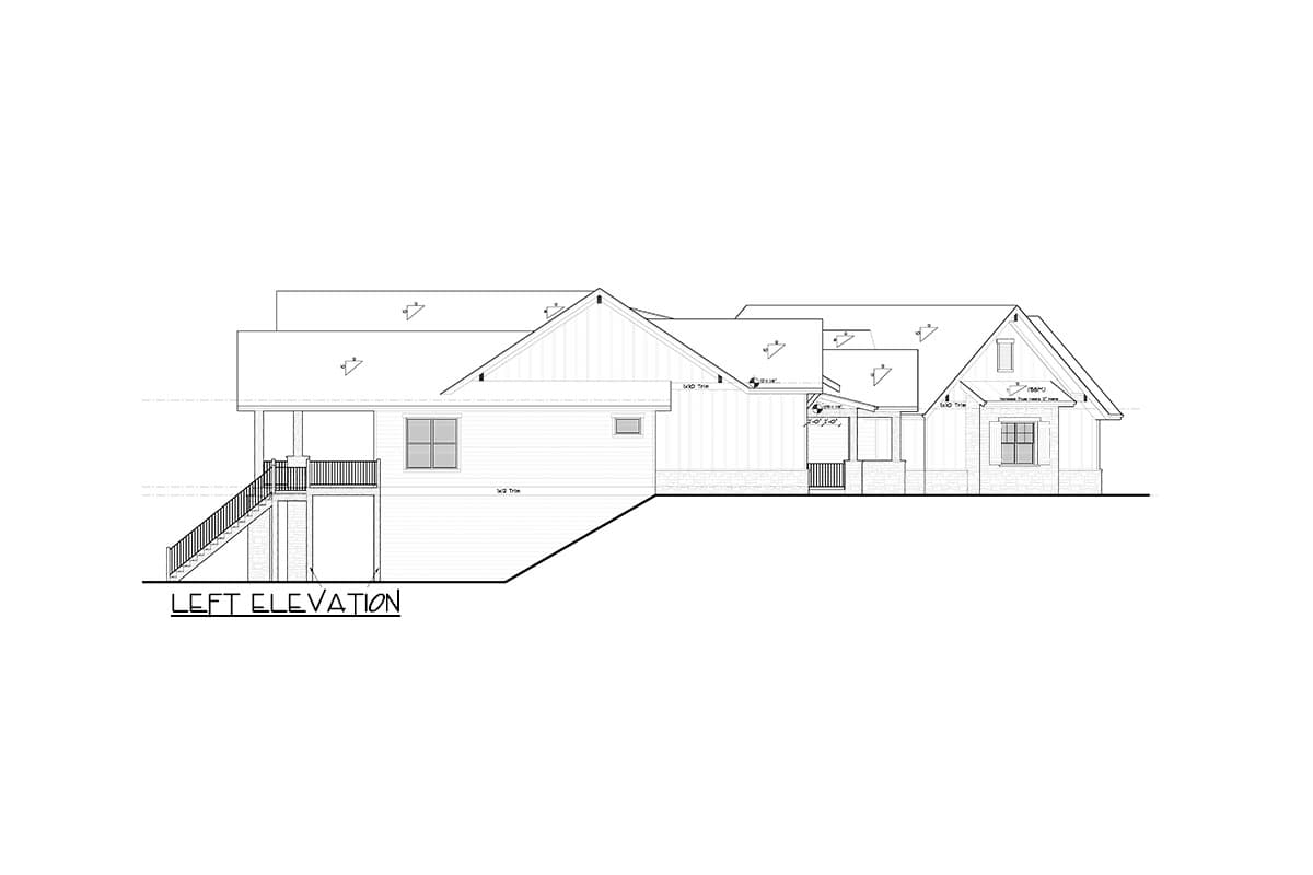 Left elevation house plan with multi-level rooflines, prominent gables, porch with stairs, and varied siding.
