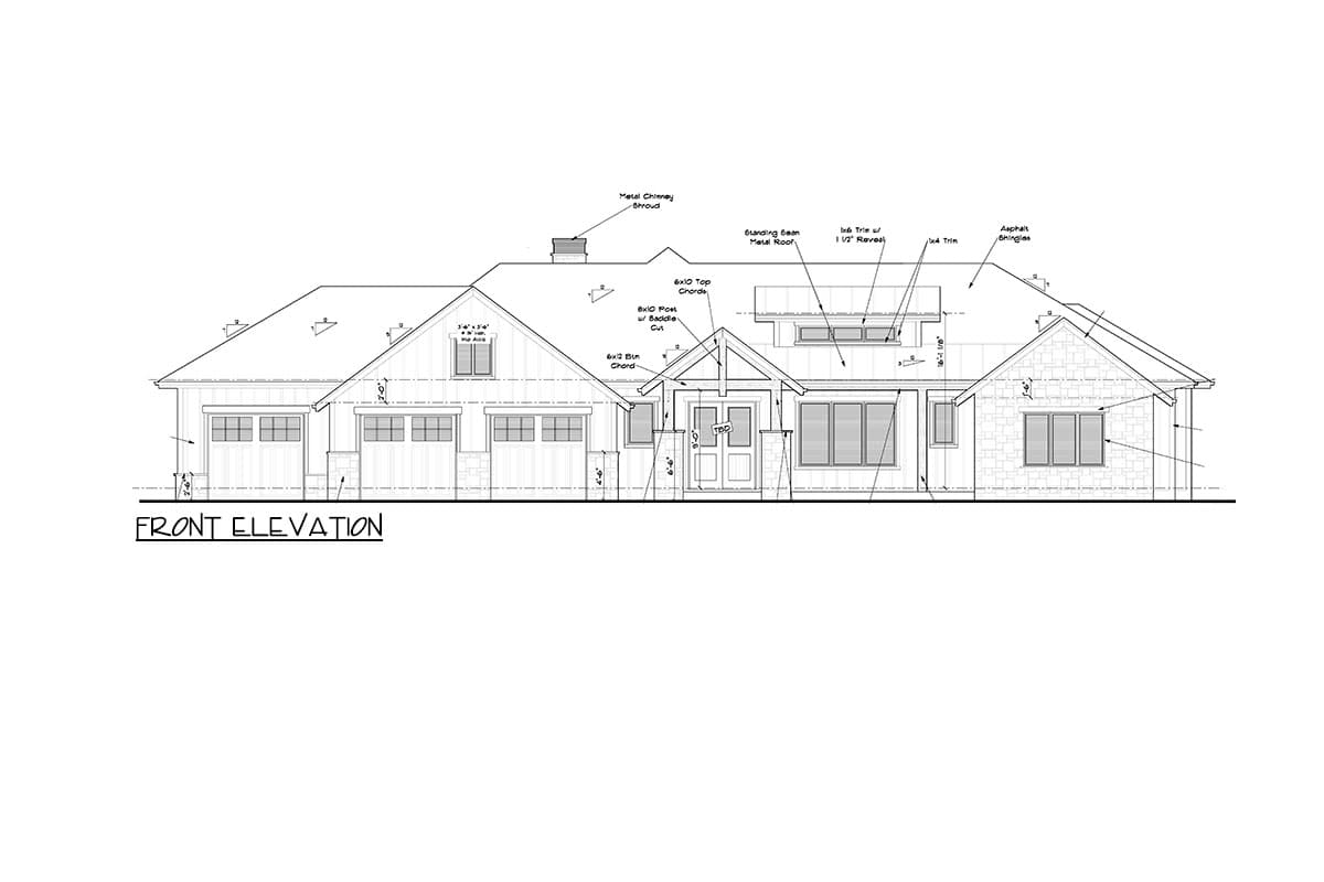 Front elevation house plan showing a single-story home with a gabled entry, three-car garage, and stone and board-and-batten siding.