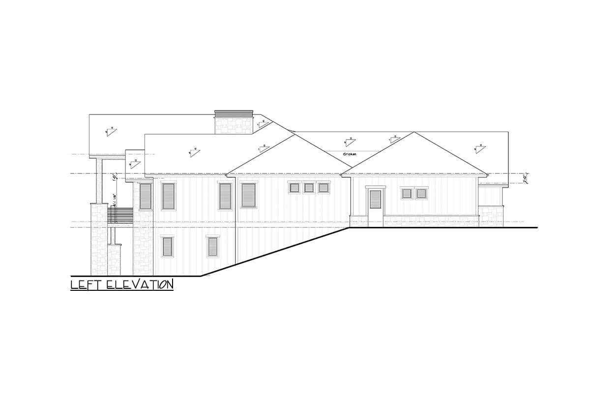 Left elevation house plan with gable rooflines, chimney, porch, and stone accents.