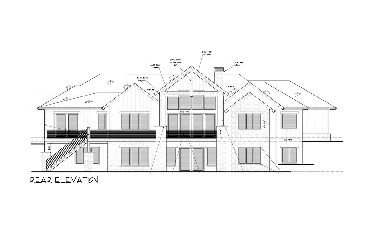 Rear elevation house plan with stone accents, multiple gables, and a central two-story window wall with balcony.