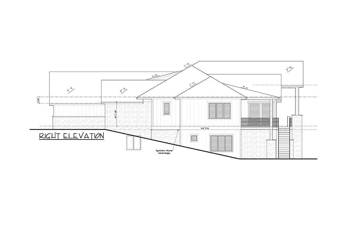 Right elevation house plan drawing showing a two-story home with stone foundation, vertical siding, large windows, and covered porch.