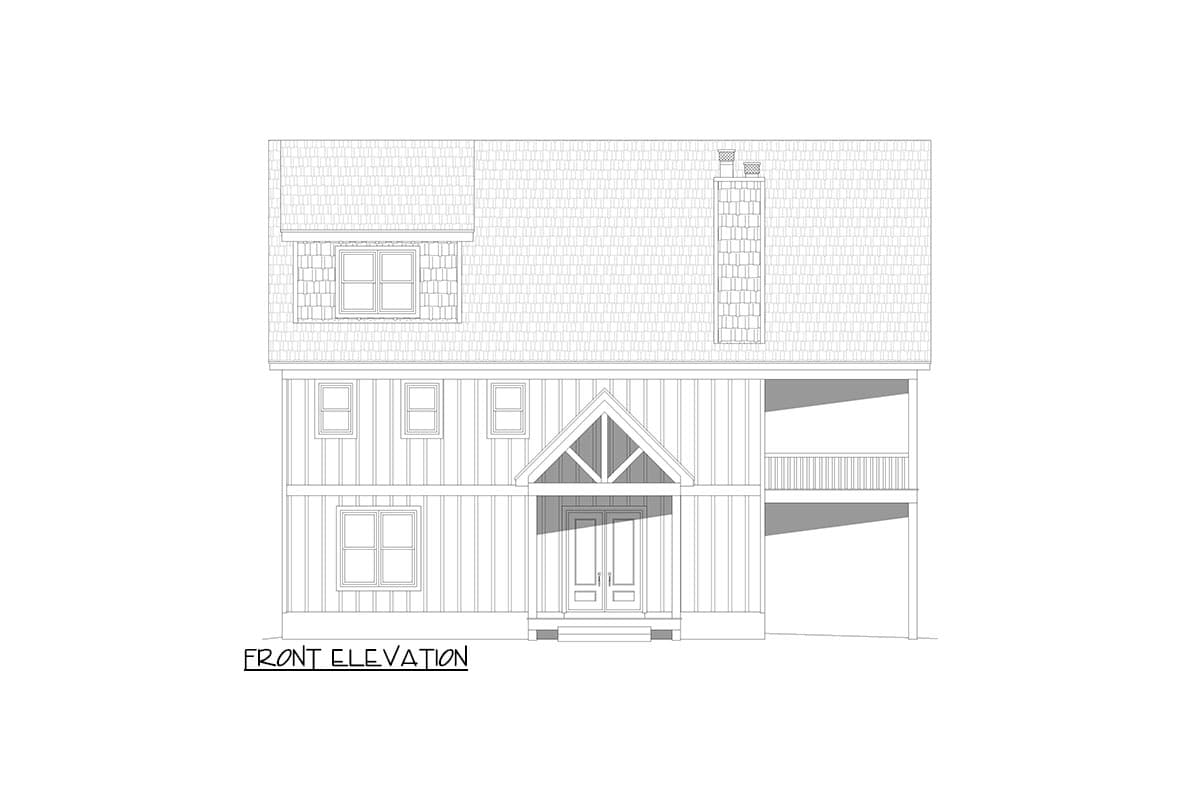 Front elevation drawing of a two-story house with a prominent gable over the entrance, dormer, and covered balcony.