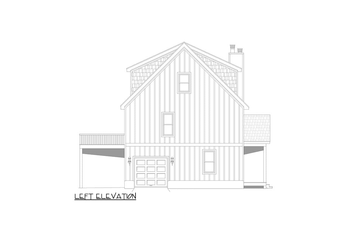 Left elevation house plan with gabled roof, vertical siding, dormer window, garage door, and deck.
