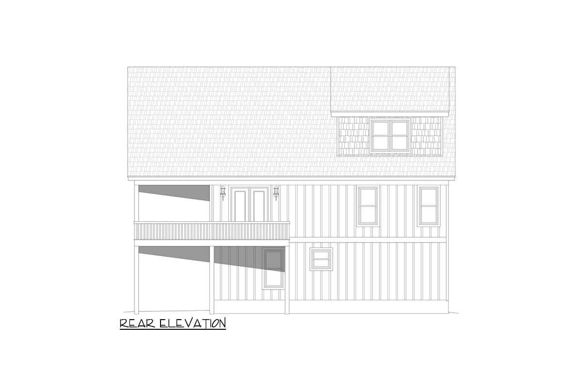 Rear elevation drawing of a house plan showing two stories, a balcony, French doors, and varied window sizes.
