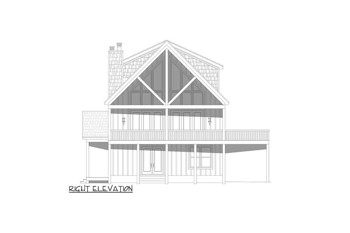 Right elevation house plan. Two-story structure with a prominent gable, balcony, and covered lower level.