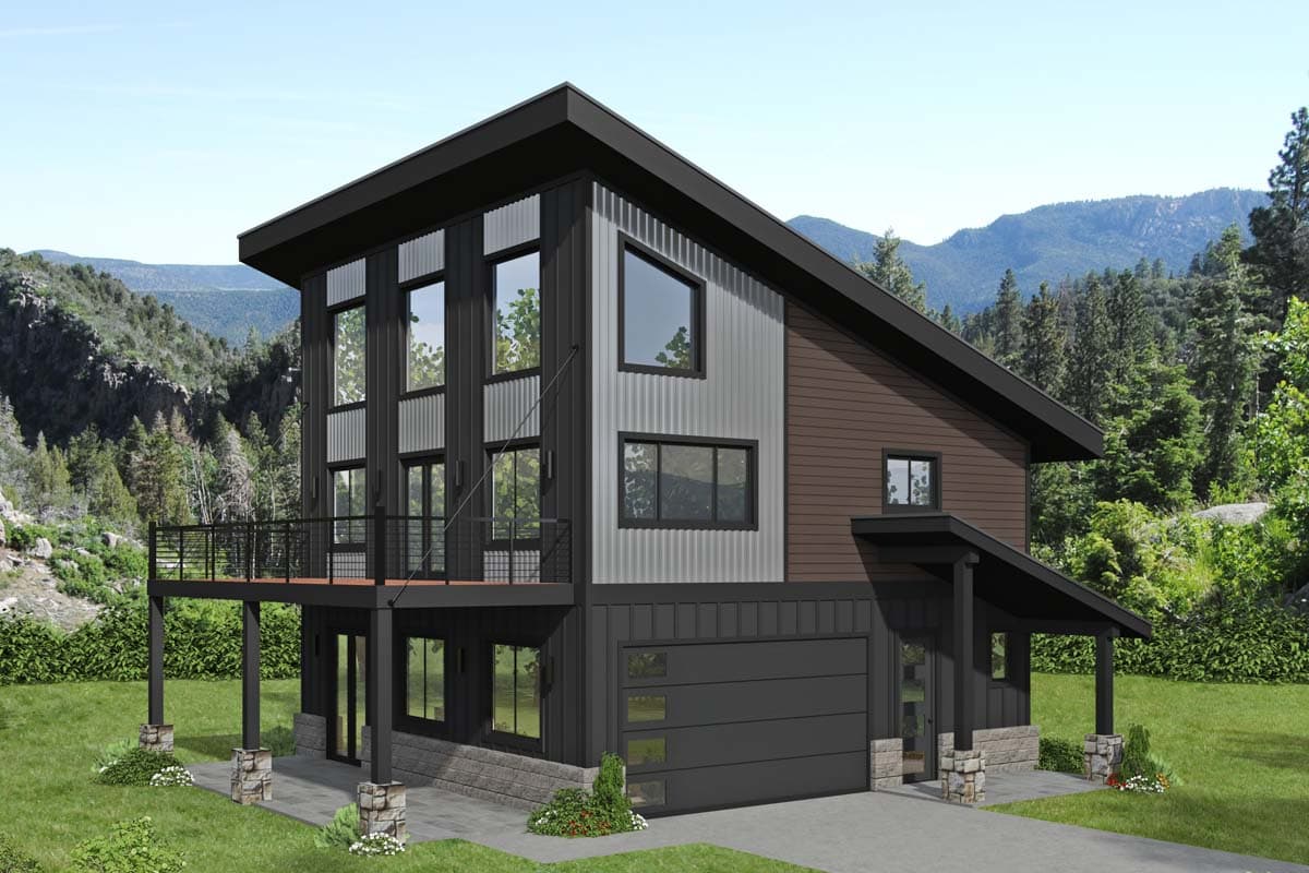House plan exterior with modern style, two stories, flat roof, balcony, and covered entry. Includes a garage with glass panels.