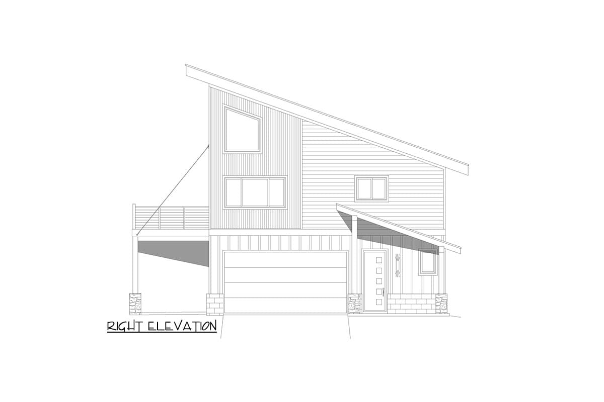 Right elevation drawing of a two-story modern house plan with a sloped roof, large garage, and balcony.