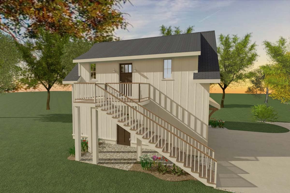 House plan exterior with a prominent staircase leading to an upper deck and entrance. Vertical siding and gable roof visible.