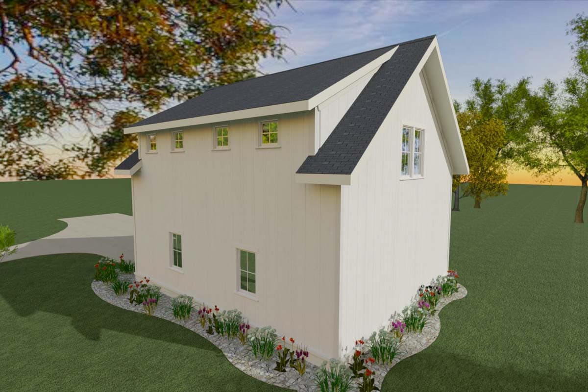 House plan exterior: Modern farmhouse style, two stories, with a prominent gable roof, vertical siding, and multiple windows.