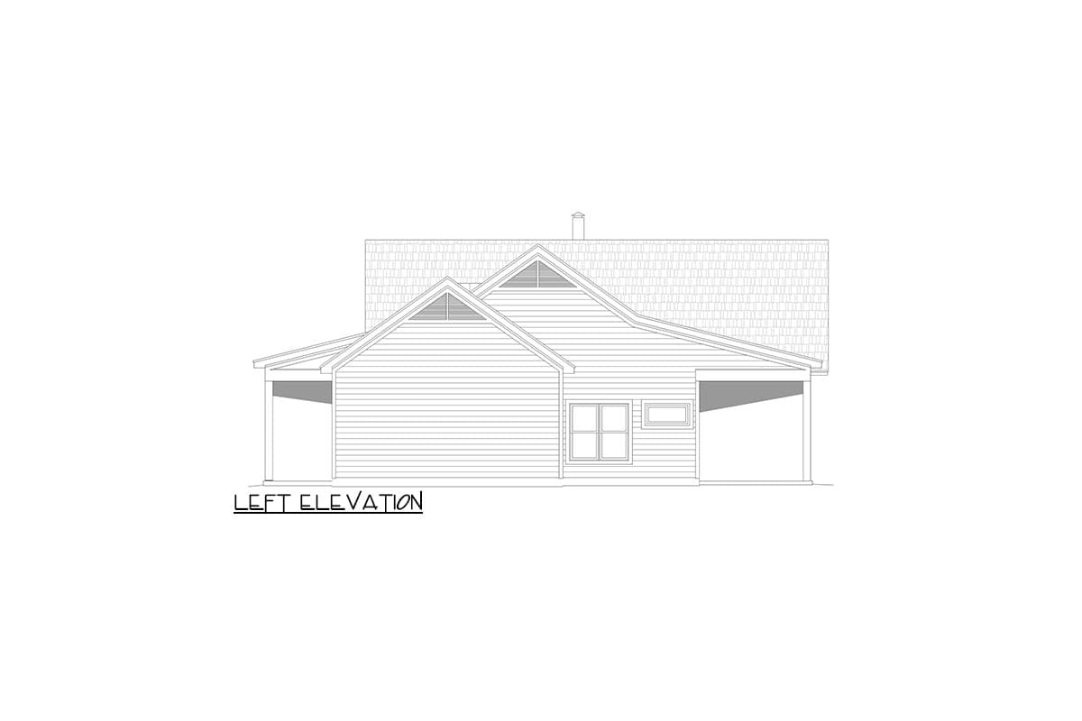 Left elevation drawing of a house plan featuring gabled dormers, horizontal siding, and covered porch areas.