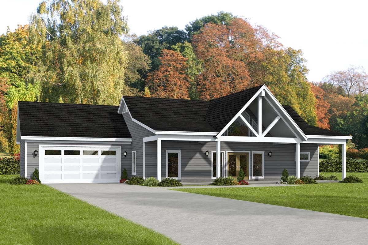 House plan exterior. Ranch style with a gabled entrance, a covered porch, and a side-entry garage. One story home.