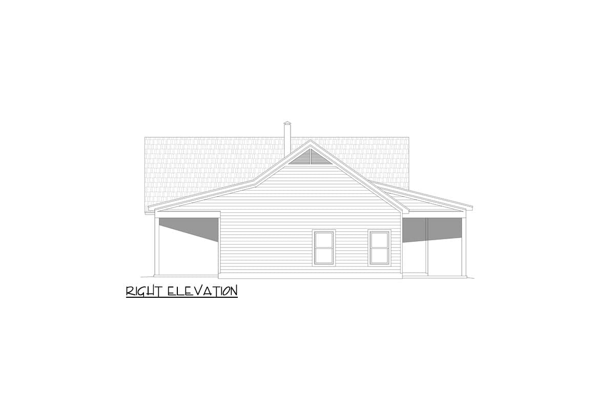 Right elevation of a house plan showing a pitched roof, a gable vent, two windows, and covered porch areas on either side.