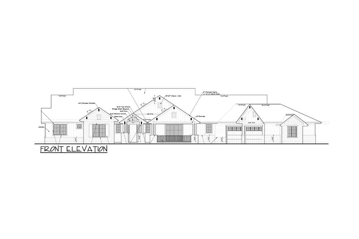 Front elevation house plan with a covered porch, gables, dormers, and a two-car garage.