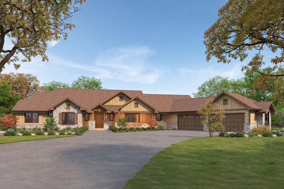 House plan exterior with Craftsman style, single story, stone accents, gables, and attached garage with wood doors.