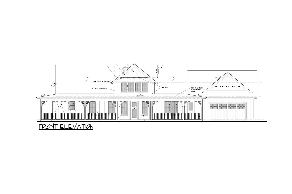 Front elevation drawing of a house plan featuring a wraparound porch, gabled dormer, and attached two-car garage.
