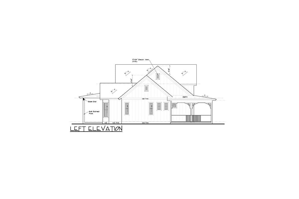 Floor plan: Left elevation of a house with a gabled roof, dormers, and a covered front porch with turned posts.