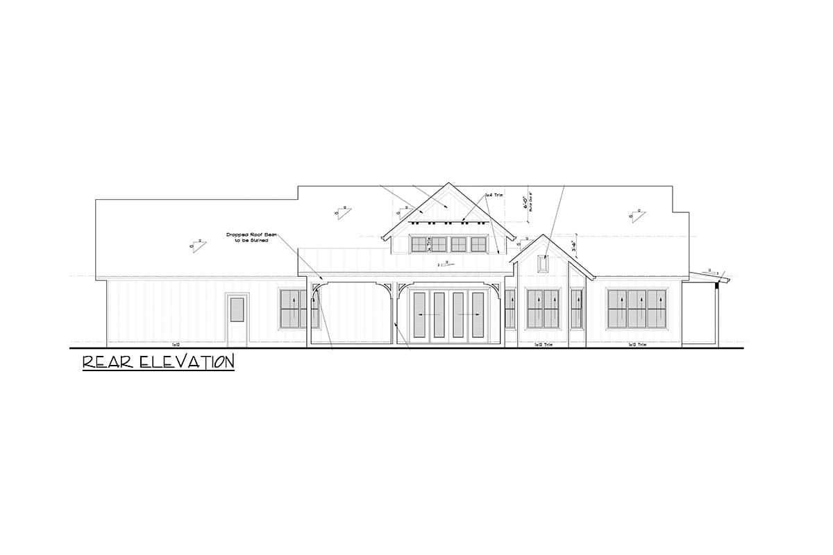 Rear elevation drawing of a house plan showing a covered porch with an open gable dormer and large windows.