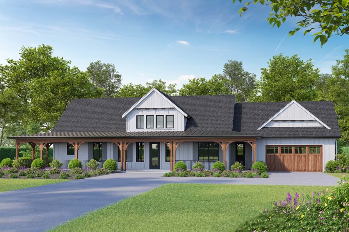 House plan exterior. Modern Farmhouse style with a single story, a wraparound porch, gables, and a detached garage with wood door.