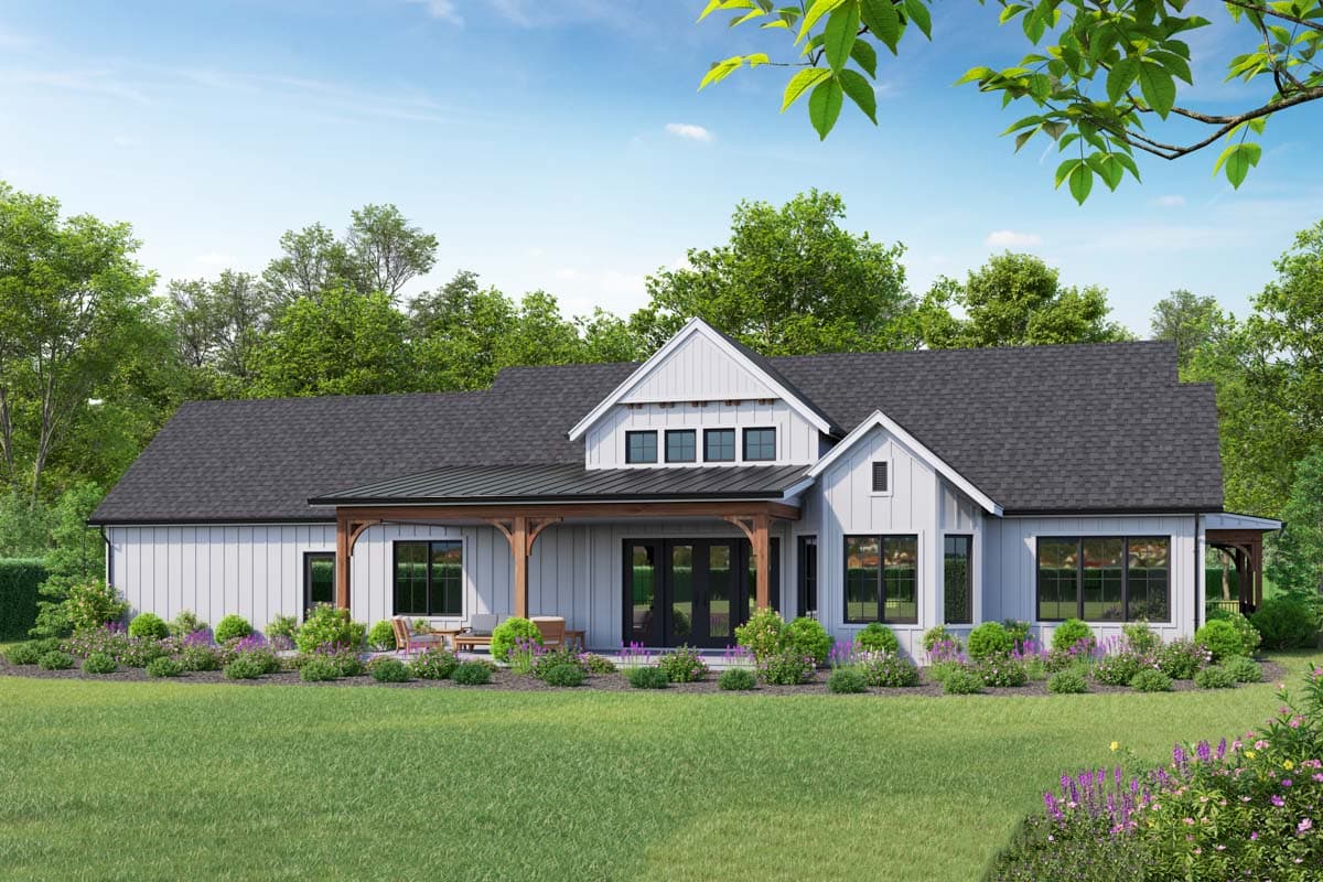 Modern Farmhouse exterior with gables, porch with wooden posts, and large windows. House plan.