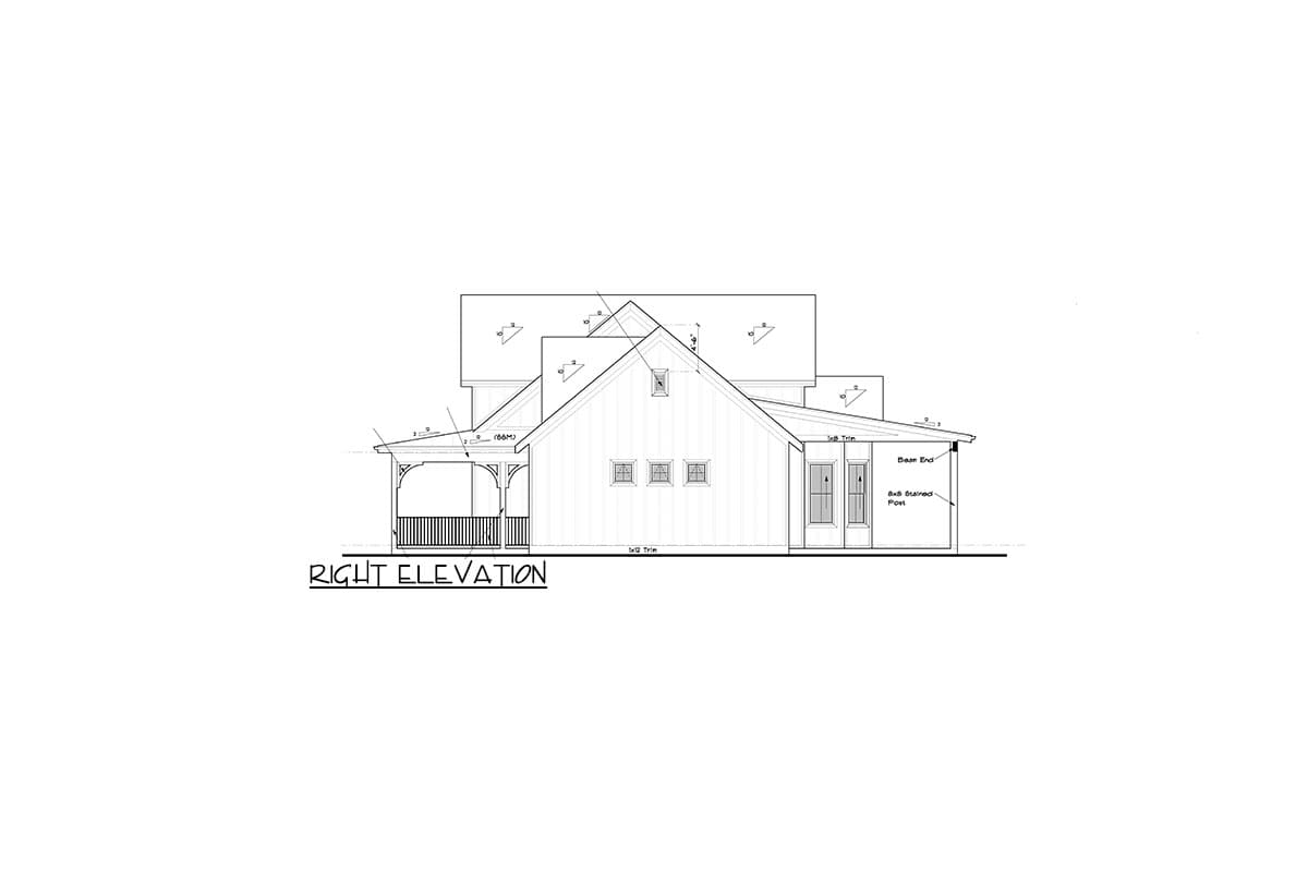 Right elevation house plan drawing showing gabled rooflines, covered porch with turned posts, and three central windows.