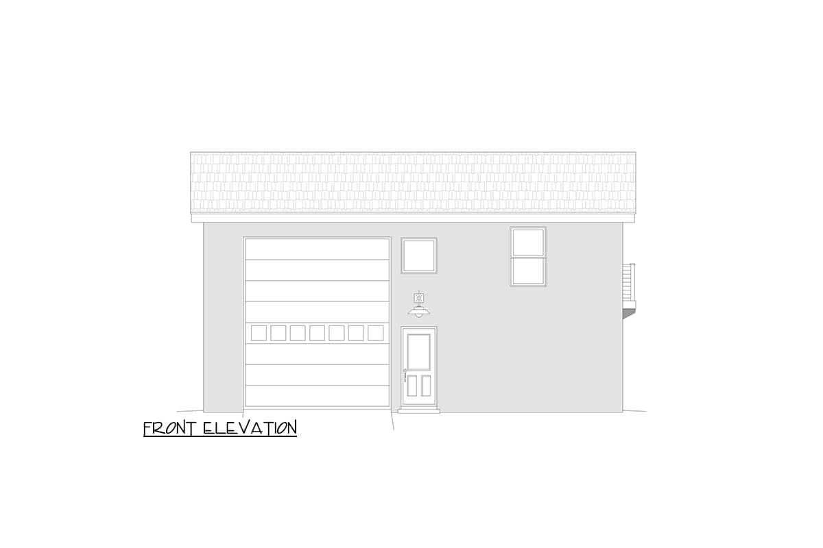 Front elevation drawing of a house plan with a large garage door, a single entry door, and two windows.