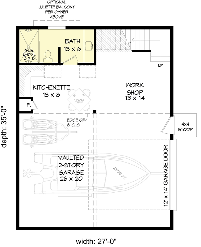 Plan 680229VR: Detached Garage with Oversized Bay and a Kitchenette and an Office - 496 Sq Ft - Floor Plan - Main Level - Carriage, Contemporary