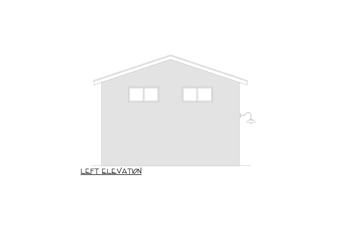 Left elevation of a house plan showing a gable roof, two windows, and an exterior light fixture.