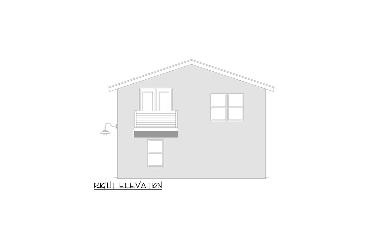 Right elevation drawing of a house showing a balcony with railing, double doors, two windows, and a wall-mounted light fixture.